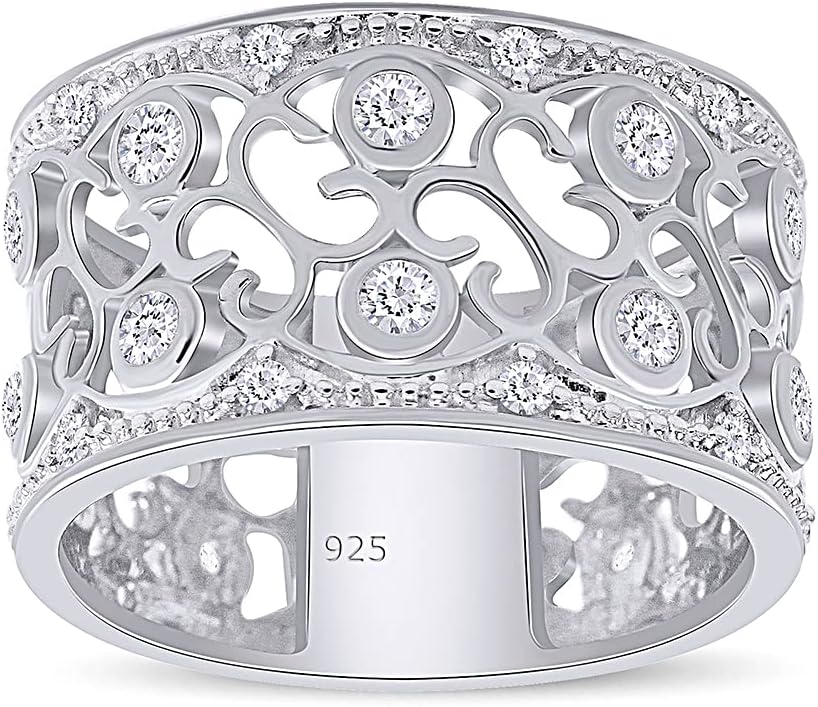 THE JEWEL ZONE White Cubic Zirconia Floral Design Wide Band Ring in 14k Gold Over Sterling Silver