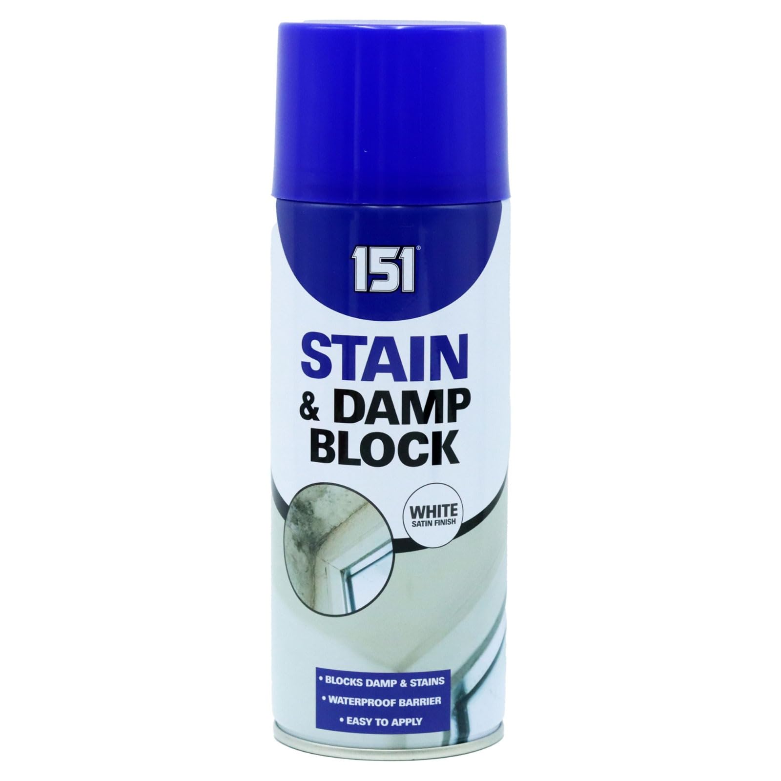 151 Stain & Damp Block Spray, White Satin Finish, Blocks Damp, Prevents Stains, Mould, and Mildew, Easy-to-Apply Waterproof Protective Coating for Interior Use,400ml