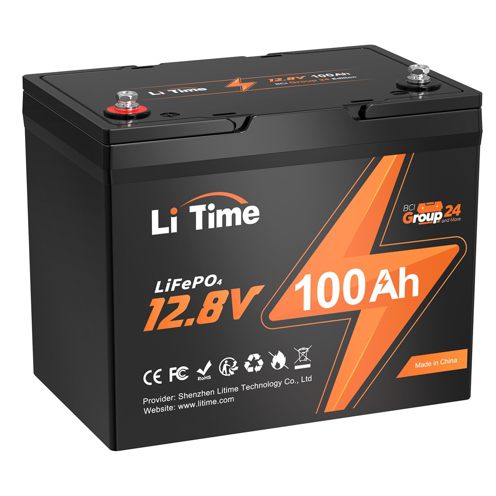 LiTime 12V 100Ah BCI Group 24 Lithium Battery, Rechargeable LiFePO4 Battery with Up to 15000 Cycles, 1.28kWh and Higher Energy Density, Perfect for Van, Trailer, RVs, MotorHome and Boat Scenarios.