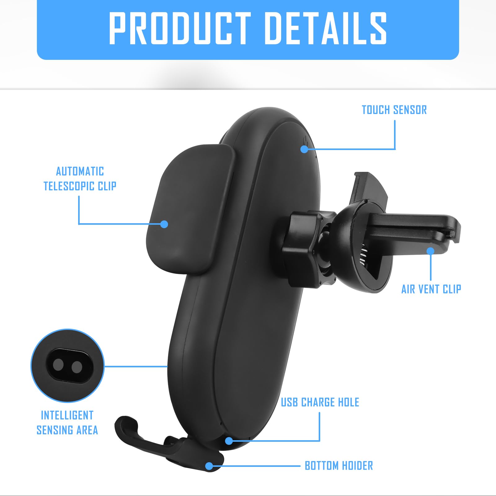 Supporto per cellulare auto con funzione di ricarica, caricatore senza fili per auto, stazione di ricarica induttiva, ricarica wireless a doppia bobina, girevole a 360°, per ventilazione auto (azzurro