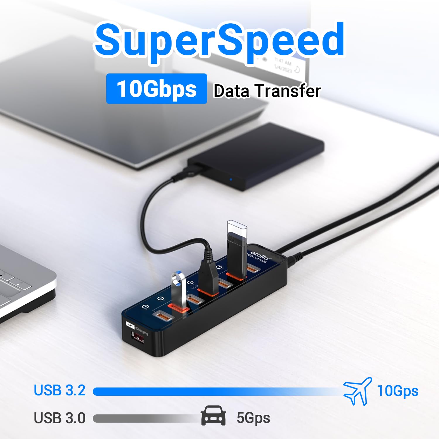 atolla - Hub USB 3.2, 8 porte USB 3.2, con 7 porte USB-A 10 Gbps + 1 porta di ricarica intelligente, interruttore on/off individuale, LED, alimentatore di rete da 20 W per PC/laptop, unità flash