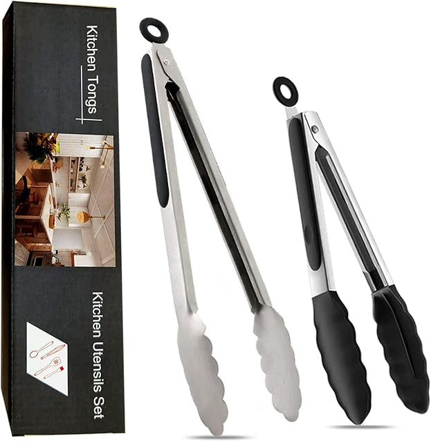 JEEYOO Premium Cooking Tongs Set of 2, 9/12 inches Kitchen Tongs,Stainless Steel with 600ºF High Heat-Resistant ,Silicone Rubber Grips Kitchen Locking Tong for Grill,Salad,BBQ,Frying,Baking,Serving
