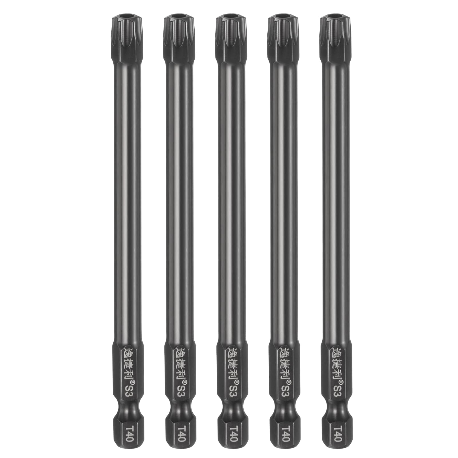 sourcing map 5pcs T40 Security Torx Head Screwdriver Bit 1/4" Hex Shank 4" (100mm) Long Magnetic Tamper Proof 6 Point Star Screw Driver Drill Bit S3 Steel Mirror Polished Power Tool with Hole