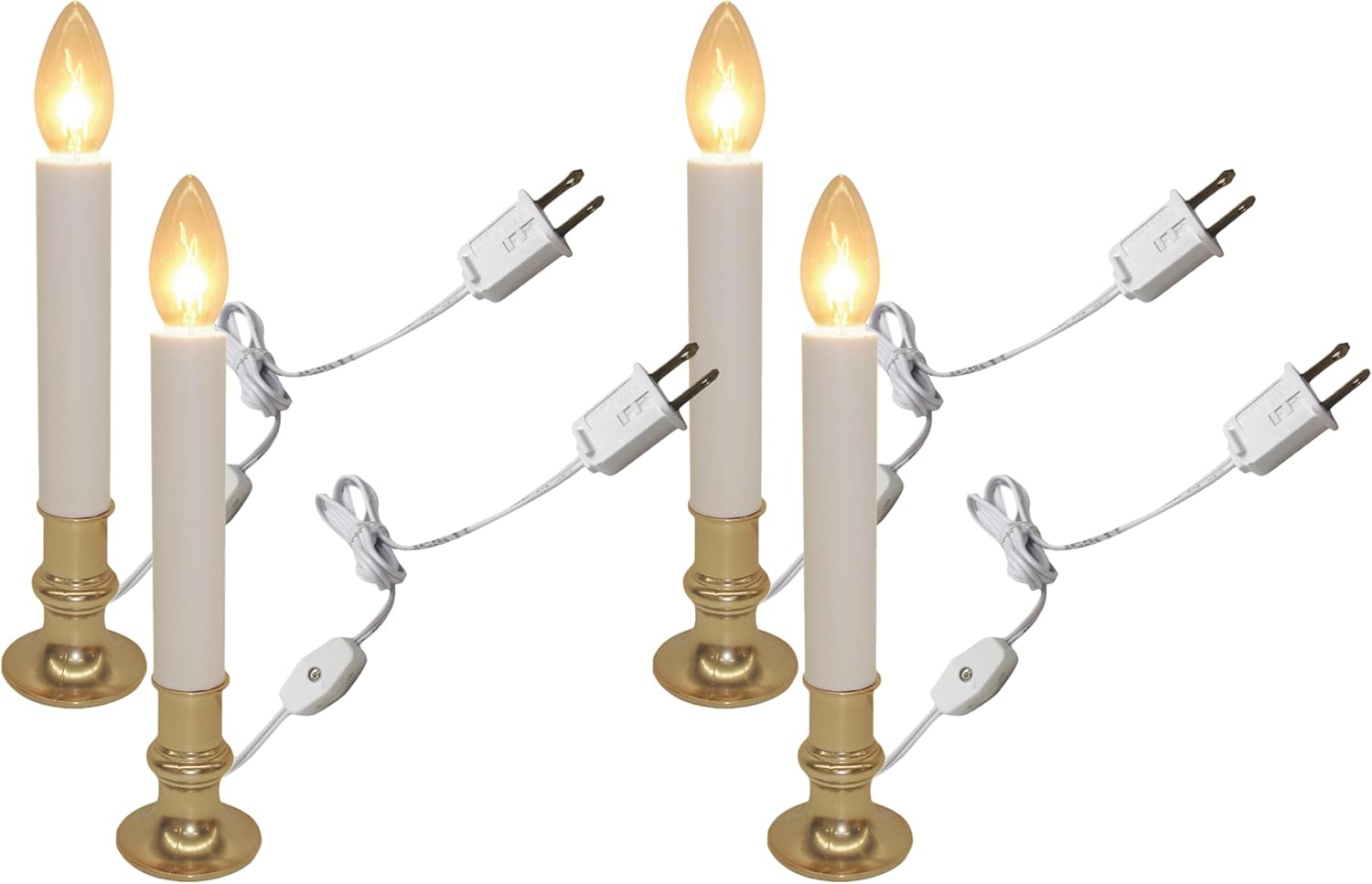 Brite Star Electric Window Candle Lamp - Perfect for Windows, Kitchen & Christmas Decor - Plug in 10 inch Brass Plated Base, White Candle Light, On/Off Switch (Pack of 4)