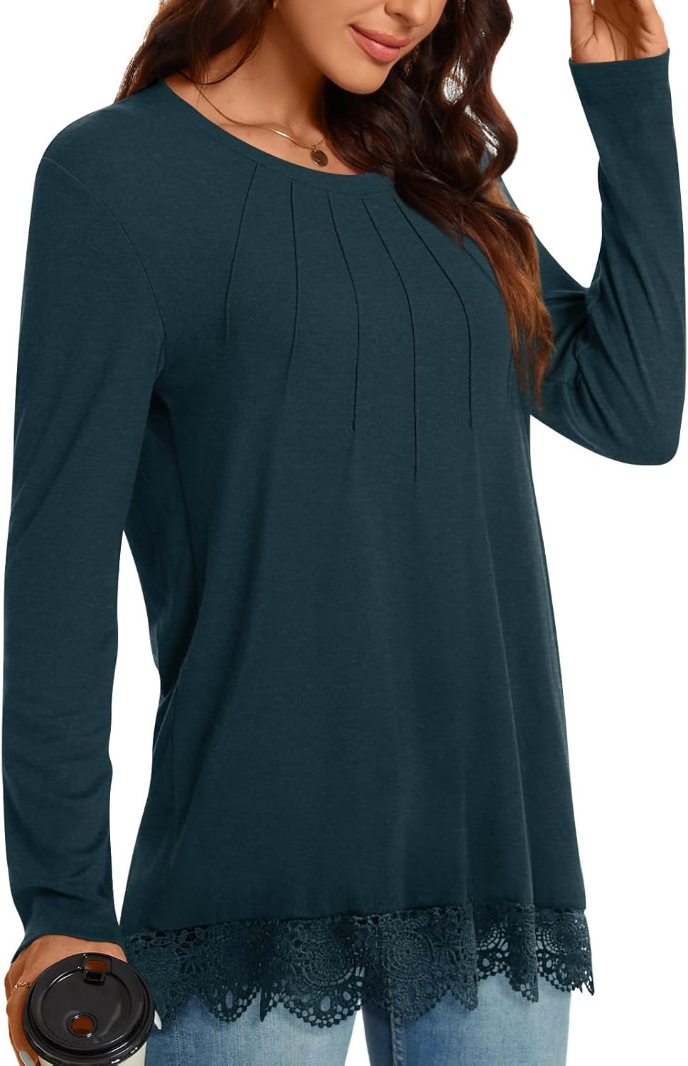 Netsmile Women's Tops Fall Long Sleeve Tunics Loose Dressy Casual Shirts Lace Hem Crewneck Pleated Sweatshirt for Leggings - Image 2