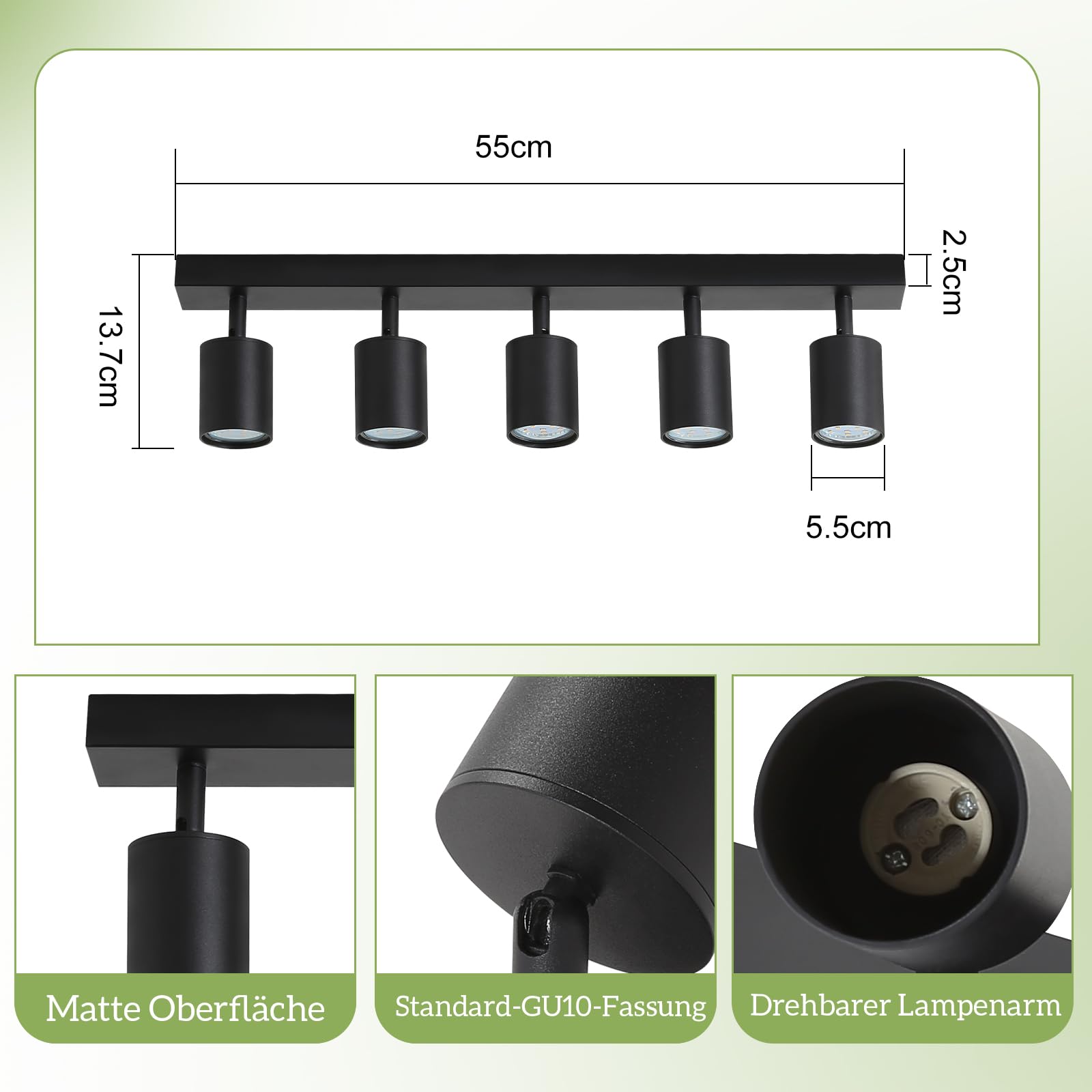 Homefire Lampa sufitowa LED, czarna, 5 płomieni, GU10, reflektor sufitowy, obrotowy o 350°, przemysłowy reflektor sufitowy, do salonu, kuchni, sypialni, bez żarówki