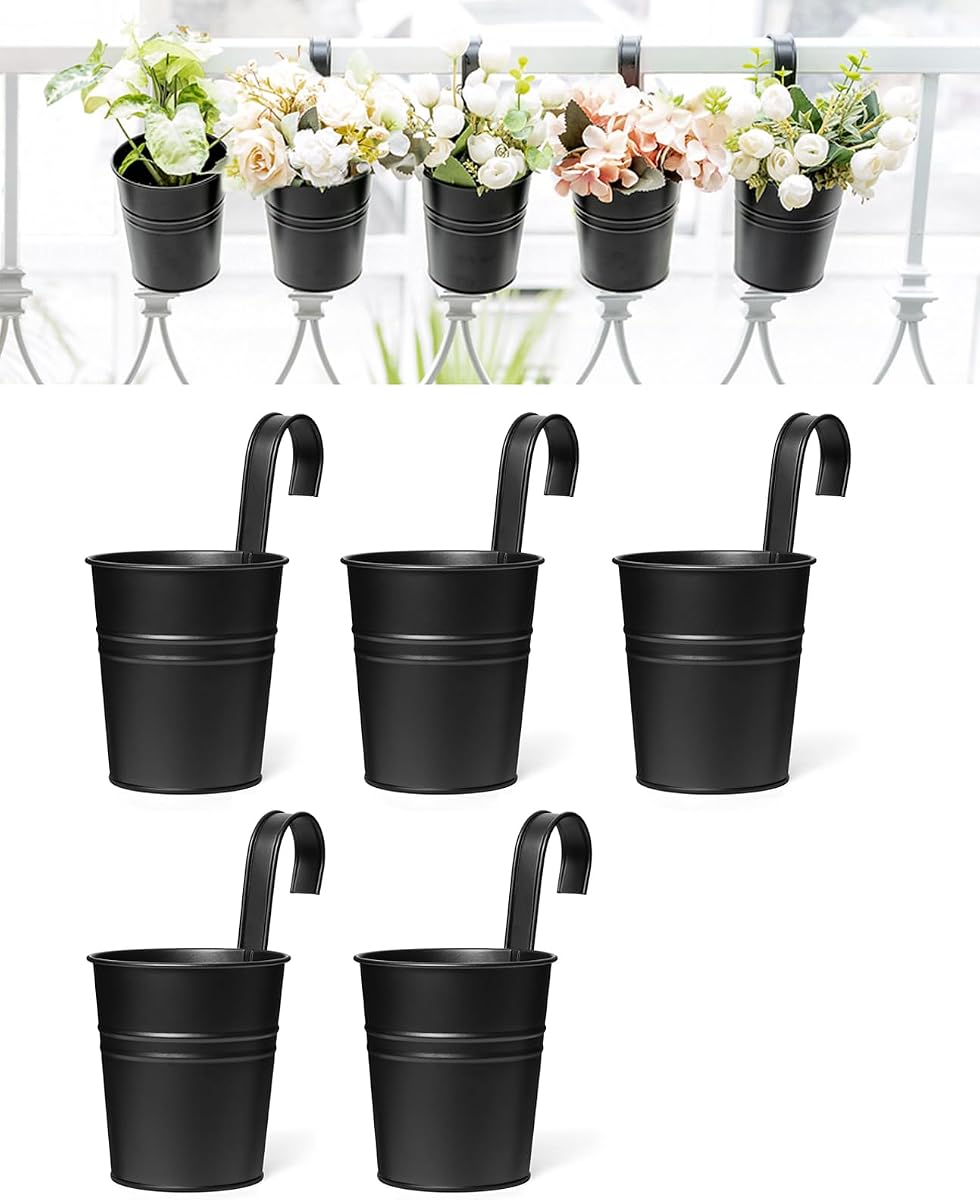 Dahey 3.8 Inches Small Metal Hanging Flower Pots 5 Pcs Railing Planter | Detachable Hooks for Easy Install, Drainage Holes, Fits Fence Balcony Garden Deck, for Herbs Plant Holder Indoor Outdoor Use
