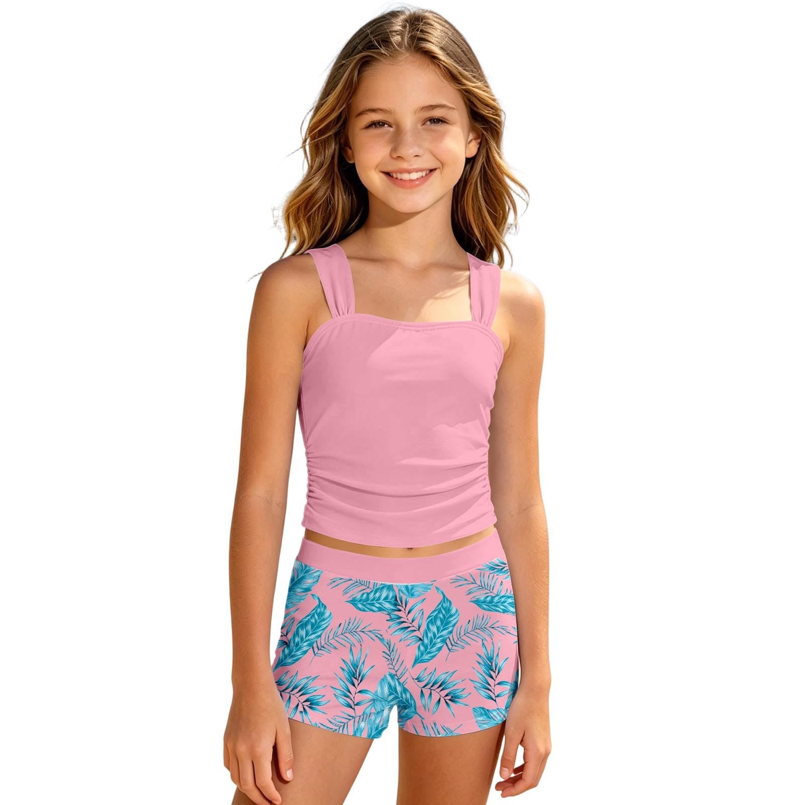 Tankini Mädchen Set Teenager Bequem Bikini Badeanzug High Waist Schwimmanzug Sommer Hawaii Badeanzug Mit Breite Träger Oberteil Und Hohe Taille Shorts Blumenmuster Badebekleidung Für 8-16 Jahre