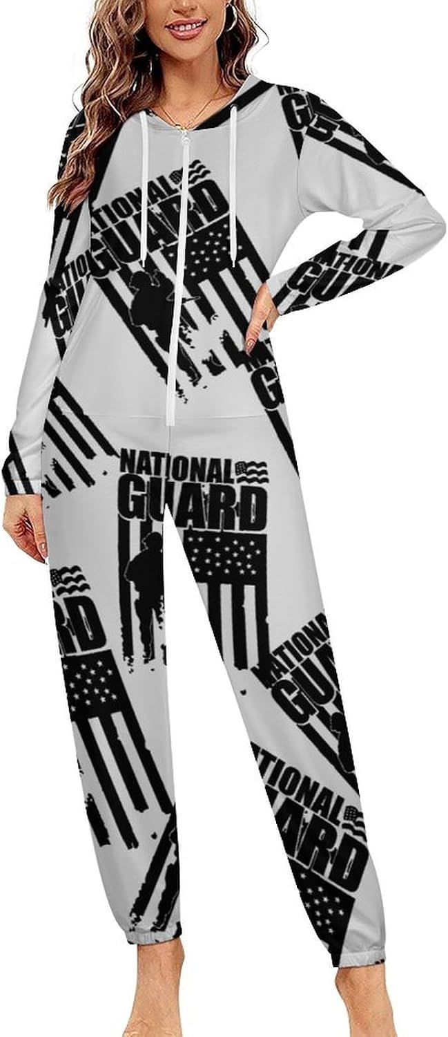 National Guard Patriotic U.S.A. Flag Adult Pajamas Onesie with Hood Pocket Jumpsuits One Piece Sleepwear