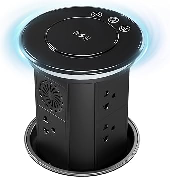 Motorized Pop Up Outlet for Countertop, App Control, 15W Wireless Charger | Bluetooth Speaker + 5 AC Outlets +2 USB-A + 2 PD 20W USB-C, 5.35" Recessed Desk Power Grommet for Office Home Kitchen, Black