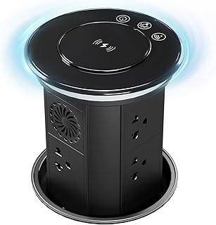 Motorized Pop Up Outlet for Countertop, WiFi App Lift & On/Off, 15W Wireless Charger, 5AC Outlets + 4USB Ports (2A+2C) + Bluetooth Speaker, 5.35" Recessed Desk Power Grommet Home Kitchen Office, Black