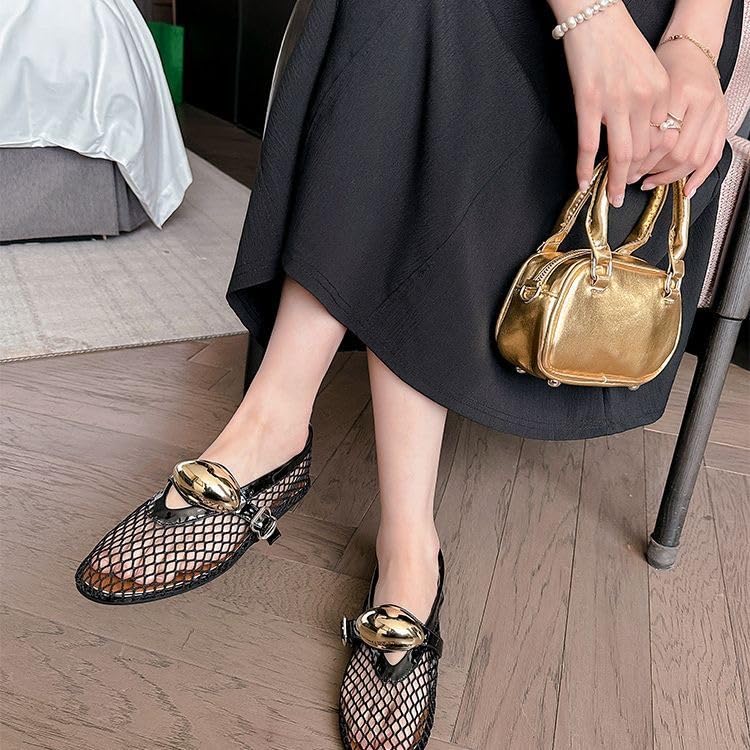 ZQW Hollow Out Fishnet Flats Women Mesh Ballet Shoes Slip On Sexy Mary Jane Metal Buckle Flat Comfortable Summer Dressy Beach2