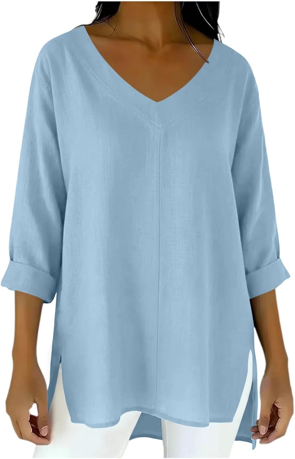 Women's 3/4 Roll Sleeve Tunic Blouse V Neck Loose Fit Side Split Long Shirts High-Low Comfy Casual Lounge Tops