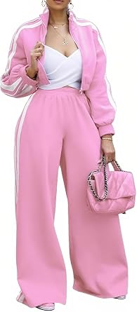 Sweatsuits Women 2 Piece Outfit Striped Tracksuit Long Sleeve Zipper Crop Jacket Wide Leg Sweatpants Set