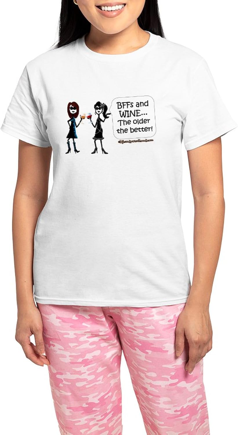 CafePress BFFs and Wine Pajamas Women's Novelty Cotton Pajama Set, Comfortable PJ Sleepwear