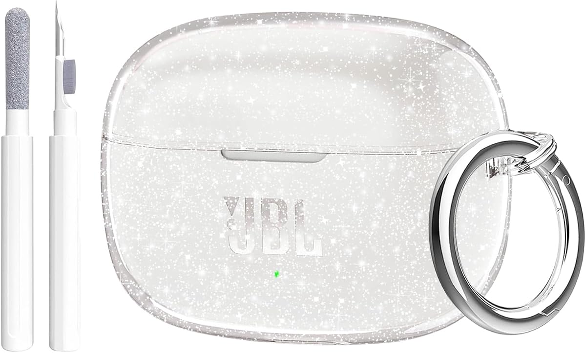 Aircawin for JBL Vibe 200TWS/JBL Vibe Beam/JBL Vibe Beam 2 Case Glitter,Cute Sparkle Bling for JBL Vibe Beam 2 Case Cover 2024,Soft TPU Cover for JBL Earbuds with Carabiner&Cleaning Pen-Glitter