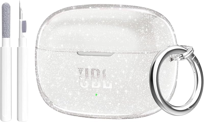 Aircawin for JBL Vibe 200TWS/JBL Vibe Beam/JBL Vibe Beam 2 Case Glitter,Cute Sparkle Bling for JBL Vibe Beam 2 Case Cover 2024,Soft TPU Cover for JBL Earbuds with Carabiner&Cleaning Pen-Glitter