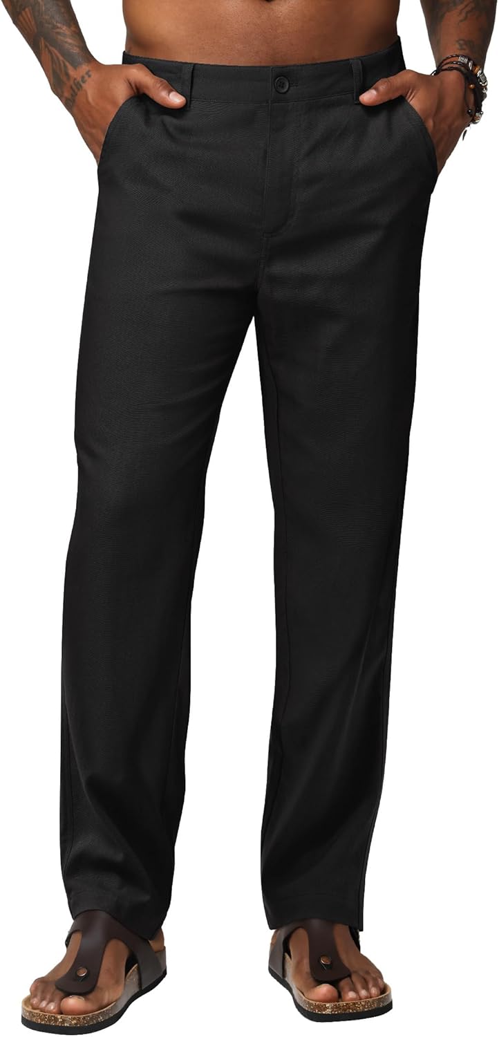 Men's Linen Pants Casual Breathable Linen Dress Pants Summer Beach Work Trousers 30'' 32''