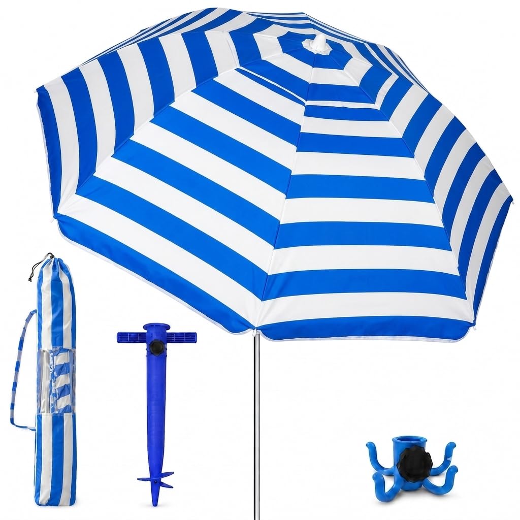 Pincho Sombrilla Playa Grande Familiar 200 cm, Sombrilla Playa Anti Viento UV50 Inclinable con Ventana, Soporte Anclaje y Bolsa Transporte, Tubo Acero Oxford, 8 Varillas Flexibles Fibra Vidrio