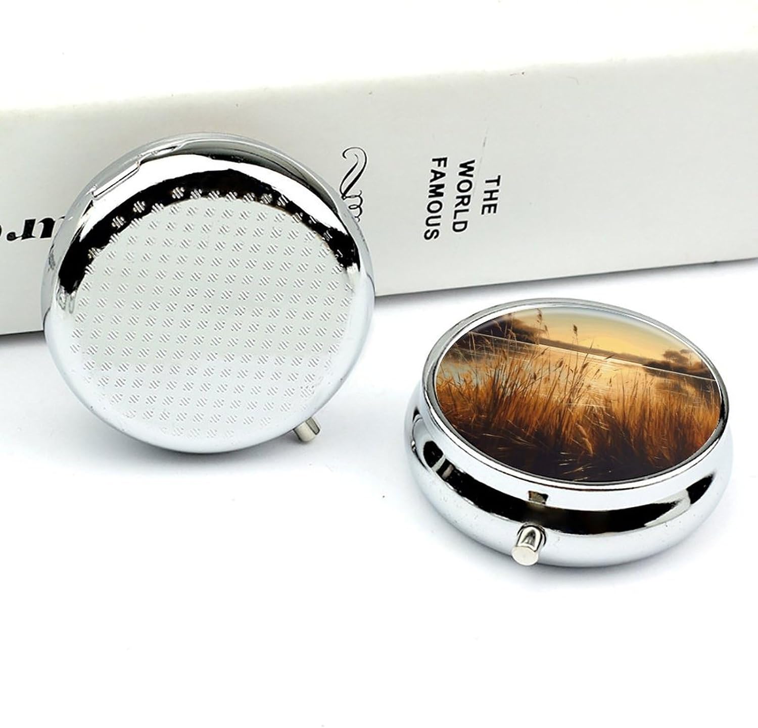 Round Silver Pill Box Small Pill Case for Purse and Pocket 3 Compartment image 5