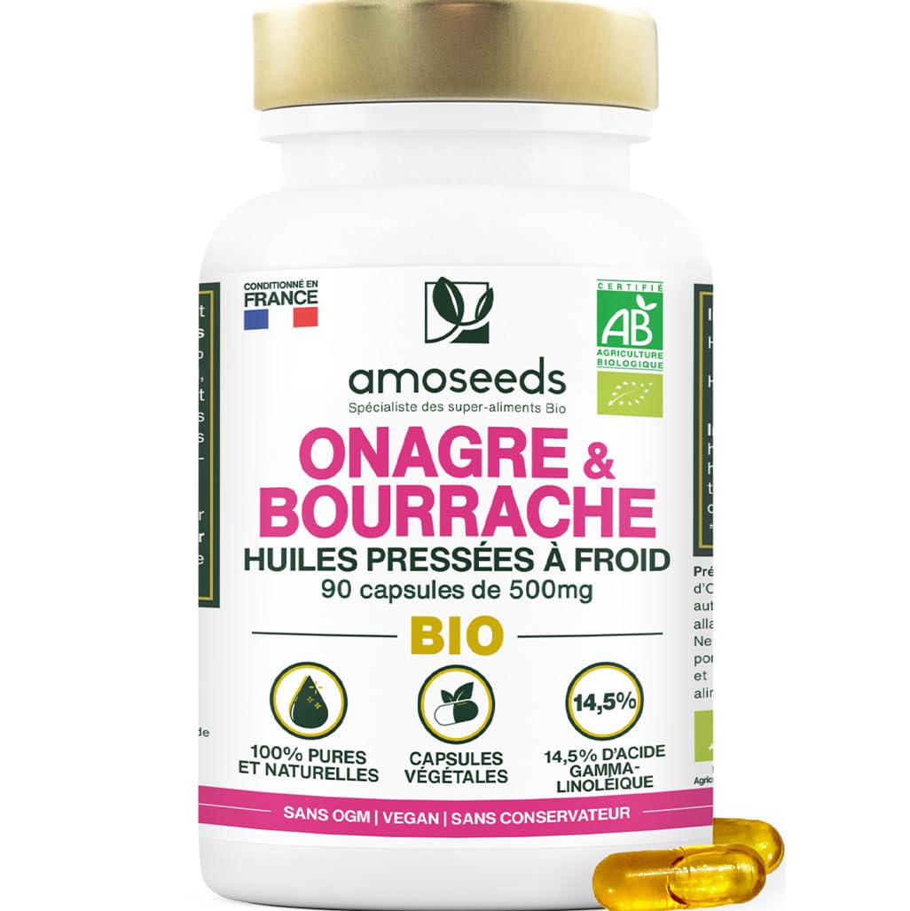Huile d’Onagre et Bourrache BIO | Première pression à froid | 14,5% acide gamma-linoléique | 90 capsules végétales, vegan | Fabriqué en France | Qualité Supérieure