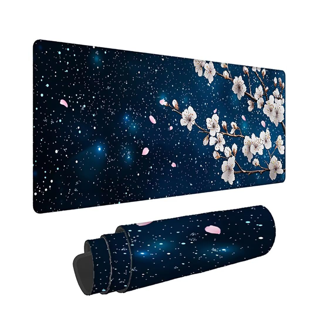 Podkładka pod mysz XXL Flower - 1400x600x3mm - niebieska duża mata na biurko z przeszytymi krawędziami i antypoślizgowa wodoodporna do komputera, laptopa poprawia precyzję i szybkość. -36316