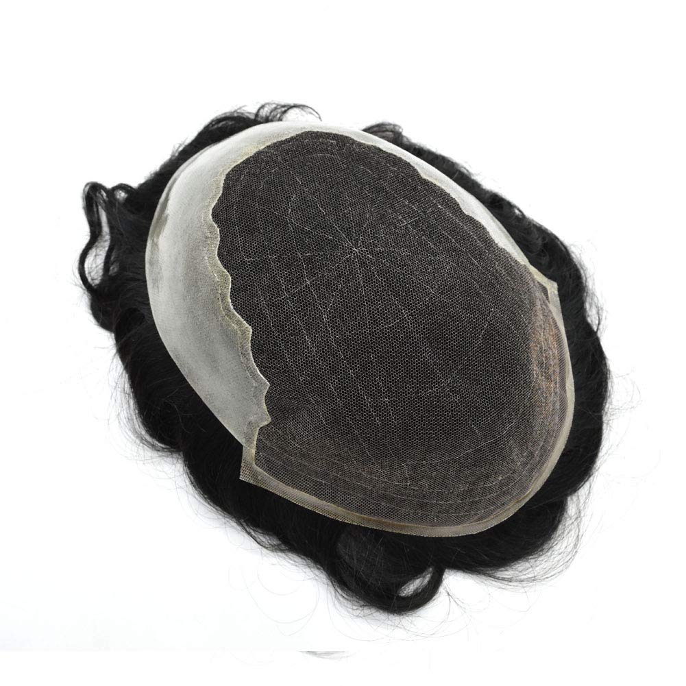 Hair System For Men Toupee Transparent French Lace Front PU Skin on Sides and Back Natural Black 1B Off Black Replacement Hair Pieces Wigs for Men (10 * 7)