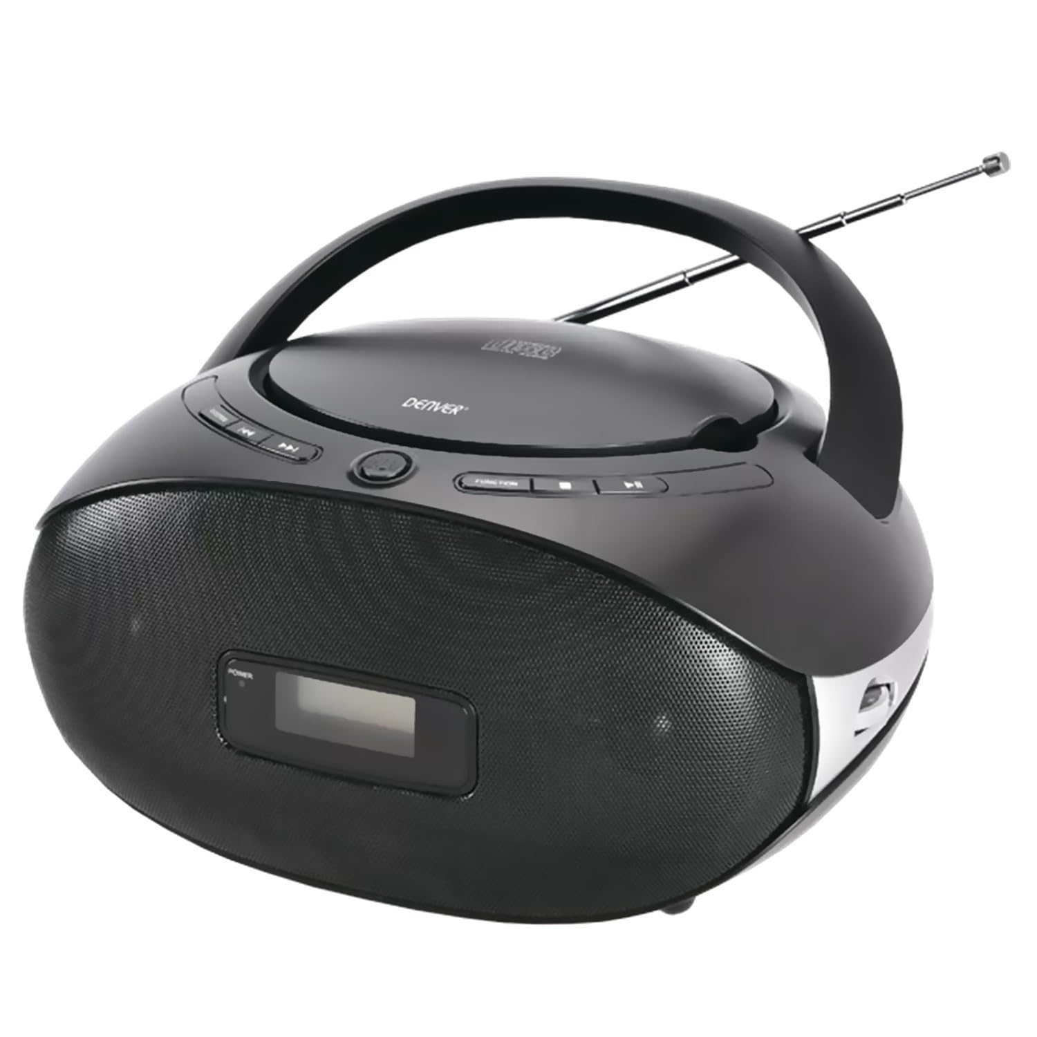 Denver TC-28BLACK. Reproductor de CD Portátil y Radio FM. Boombox. Altavoces 2W. Entrada AUX.