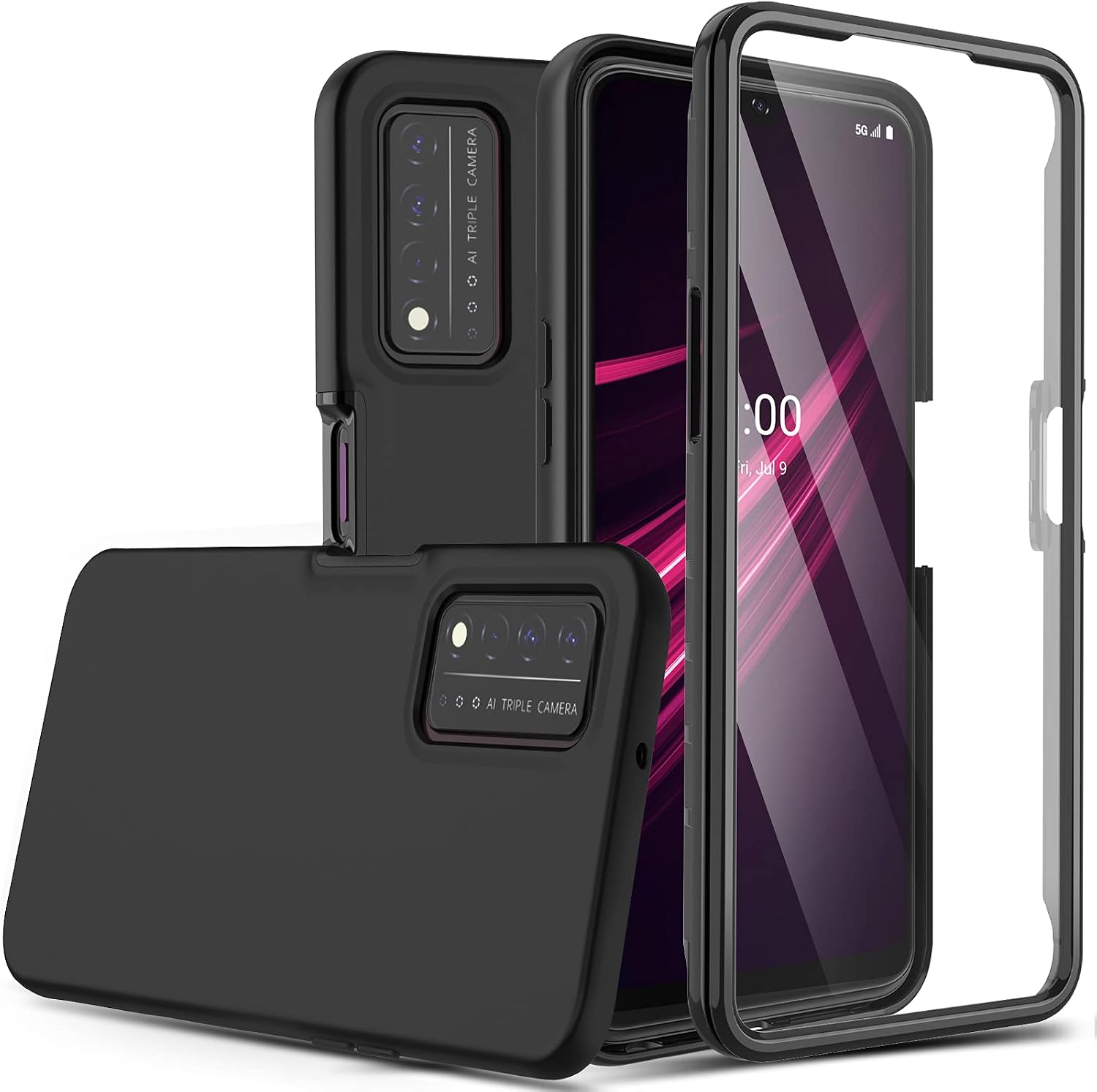 UNPEY for T-Mobile Revvl V Plus 5G Case with Built-in Screen Protector,Shockproof Soft Liquid Silicone Back Cover Hard Front Cover,Full Body Rugged Protective Revvl v+ 5G Phone Case Black