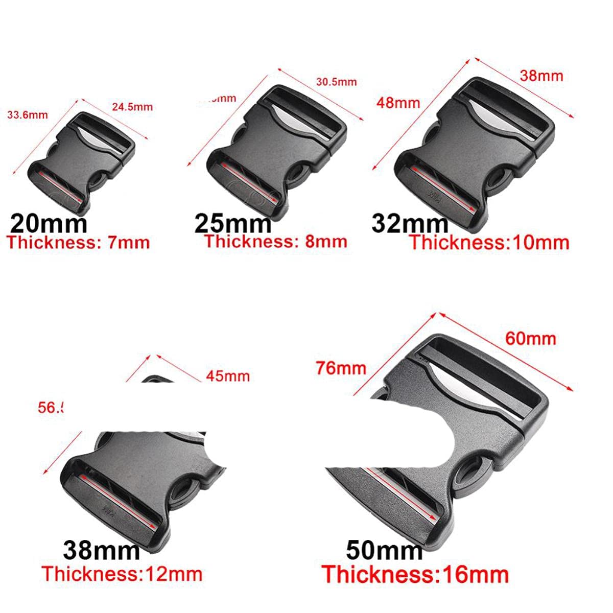 Hebilla de plástico negro Correas Desmontar Hebillas para bolsos Correa Mochila Equipaje Ropa Pantalones Accesorios 20 mm 25 mm 32 mm 38 mm 50 mm-200 piezas, Correas Tamaño 51 mm