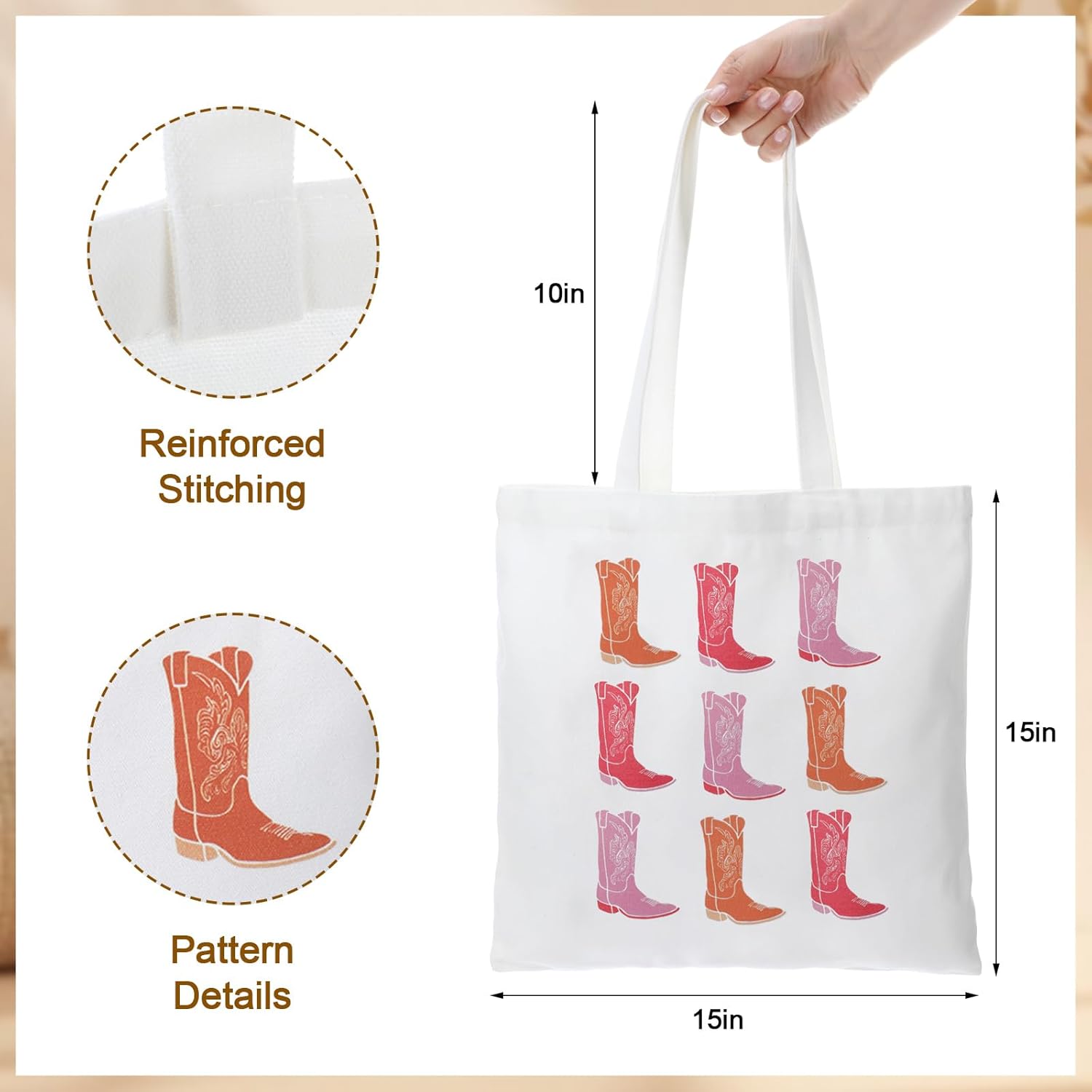Paterr 12 Pcs Cowgirl Western Tote Bag Bulk Summer Western Gift Cute Canvas Bag for Women Cowgirl Accessories Reusable Grocery Bags for Valentine Birthday Women Shopping Camping, 15 x 15 Inch