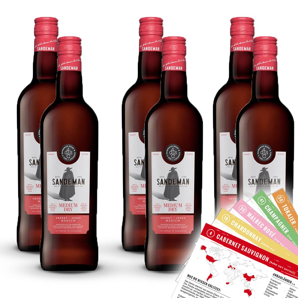 Sandemann, Medium Dry, Sherry sortenreines Weinpaket + VINOX Winecards (6x0,75l)