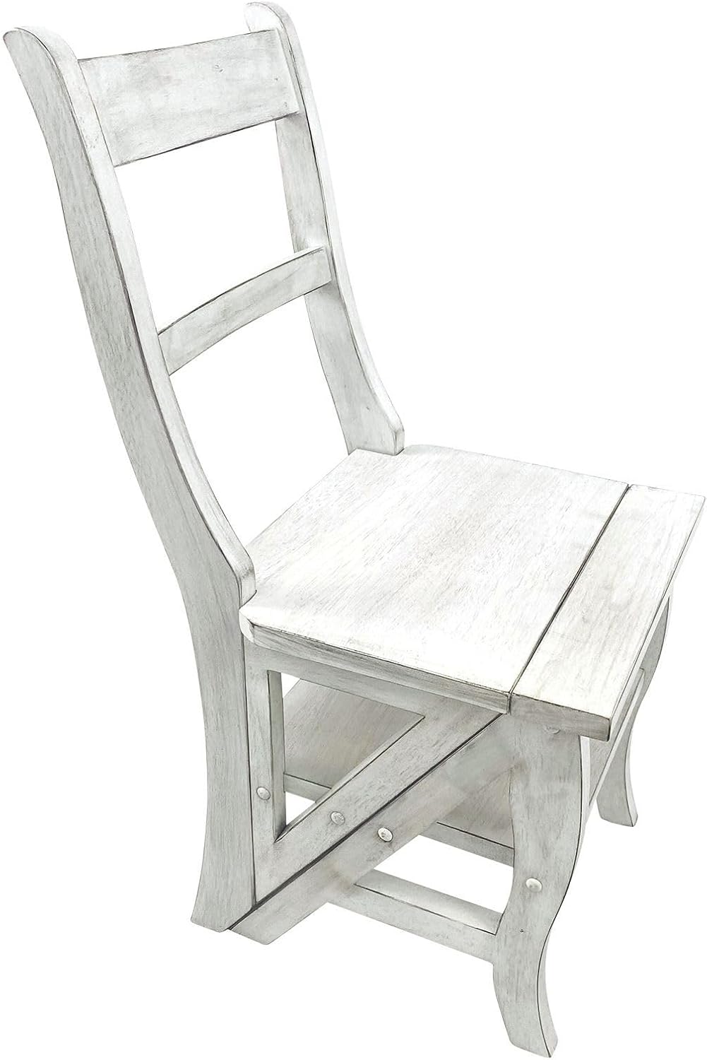Carolina Chair & Table Antique Folding Library Ladder Chair - Convertible 2-in-1 Chair, Foldable Ladder Seat with Storage Shelf - Multifunctional Furniture for Bedroom, Dining (Antique White)
