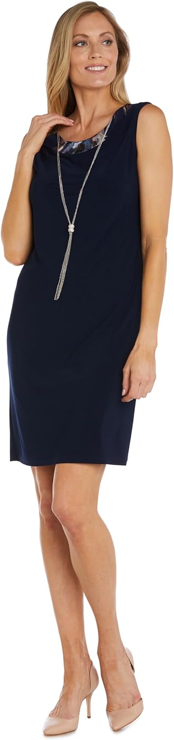 R&M Richards Women's 2-Piece Foil Mesh Jacket & Solid Sheath Dress W/Removable Necklace - Formal Evening Cocktail Attire