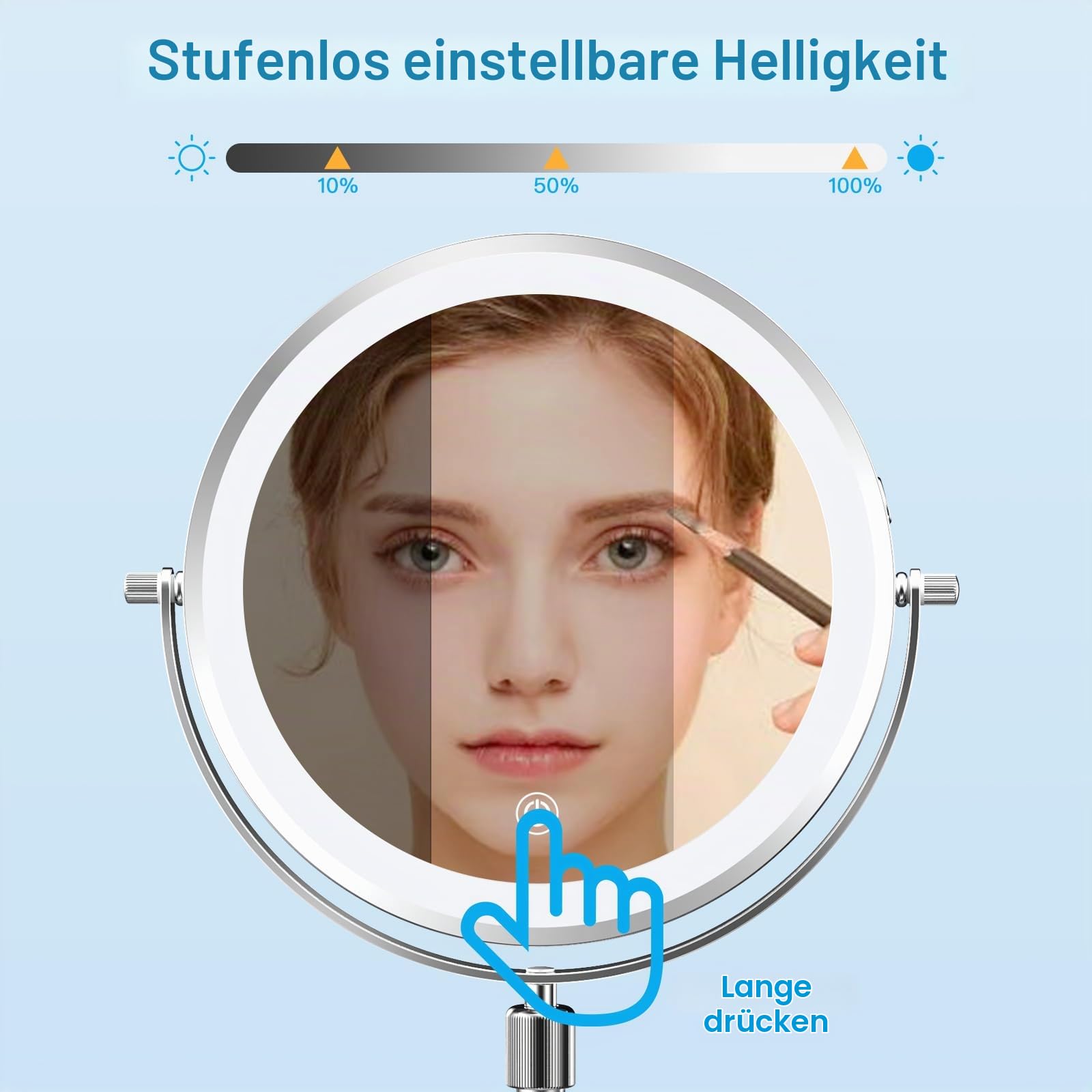 TopDirect 8 Zoll Schminkspiegel mit Beleuchtung, 35–45 cm Höhenverstellbarer Kosmetikspiegel, 1X/10X Vergrößerung, 3 Lichtfarben und 360° Schwenkbar, Aufladbar Doppelseitiges Vergrößerungsspiegel