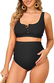 Zando Maternity Swimsuit High Waisted Bikini Set Button Down Maternity Bathing Suit 2 Piece Swimsuit for Women