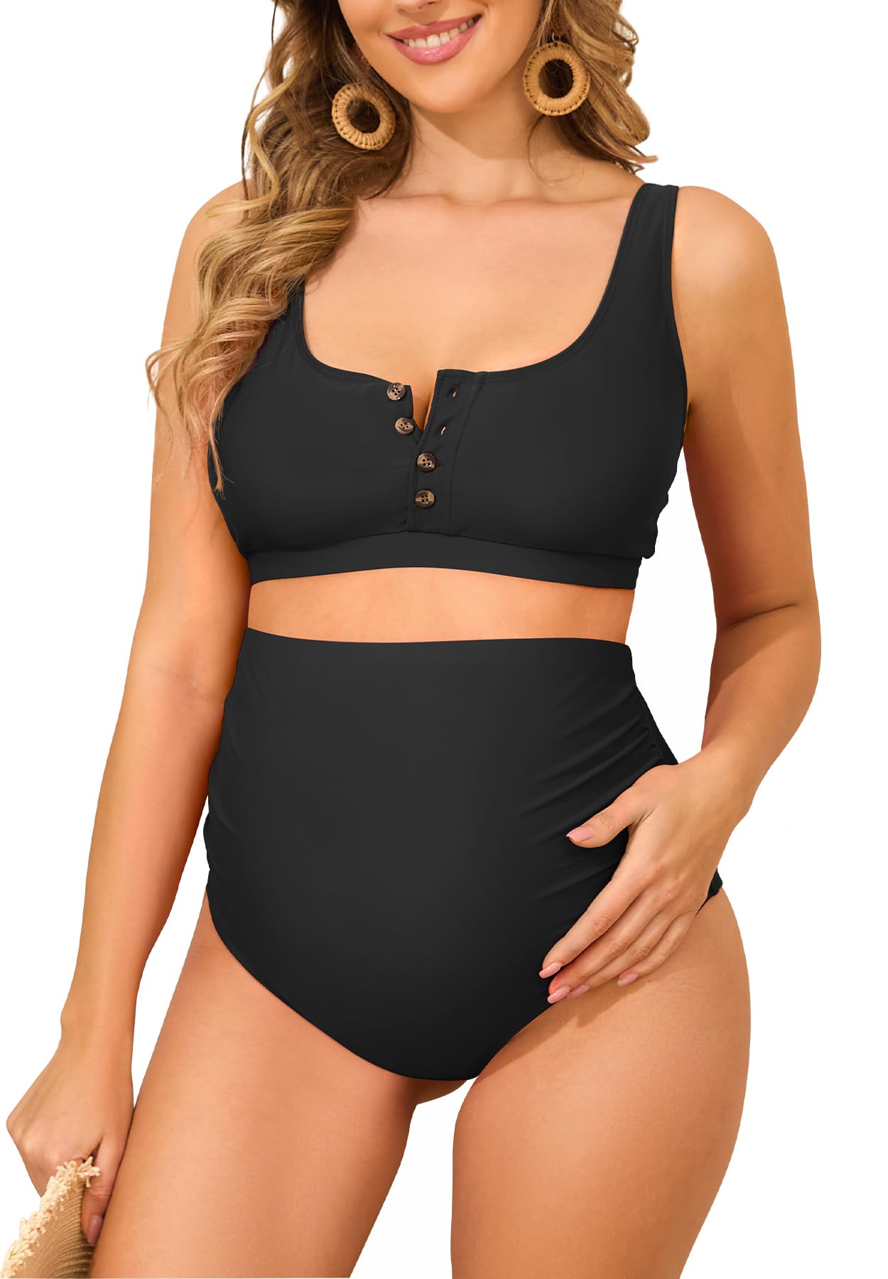 zando Maternity Swimsuit High Waisted Bikini Set Button Down Maternity Bathing Suit 2 Piece Swimsuit for Women-picture-38