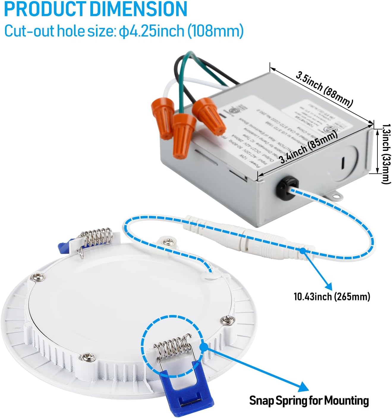 Diagram showing product dimensions, including 4.25 inch cut-out hole size, and the J-box dimensions