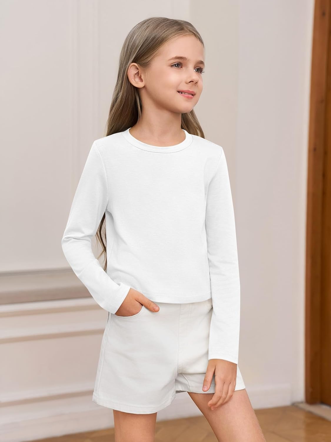 Haloumoning Girls Crop Tops Long Sleeve T Shirts Kids Crewneck Slim Fit Basic Tee for 5-14 Years - Image 2