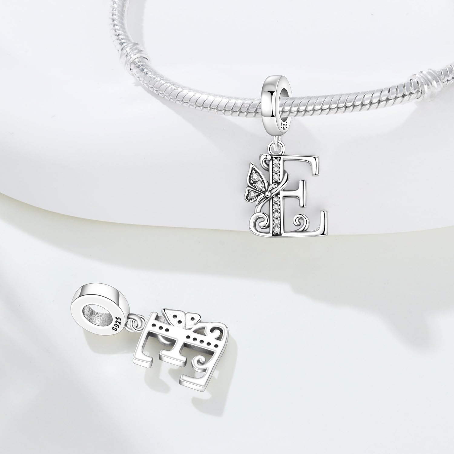 2 Pack 925 Sterling Silver Butterfly Letter Charms for Bracelets and Necklace Alphabet Initial Dangle Pendants Round Spacer Beads Pave Cubic Zirconia Jewelry Gift for Women - Image 3