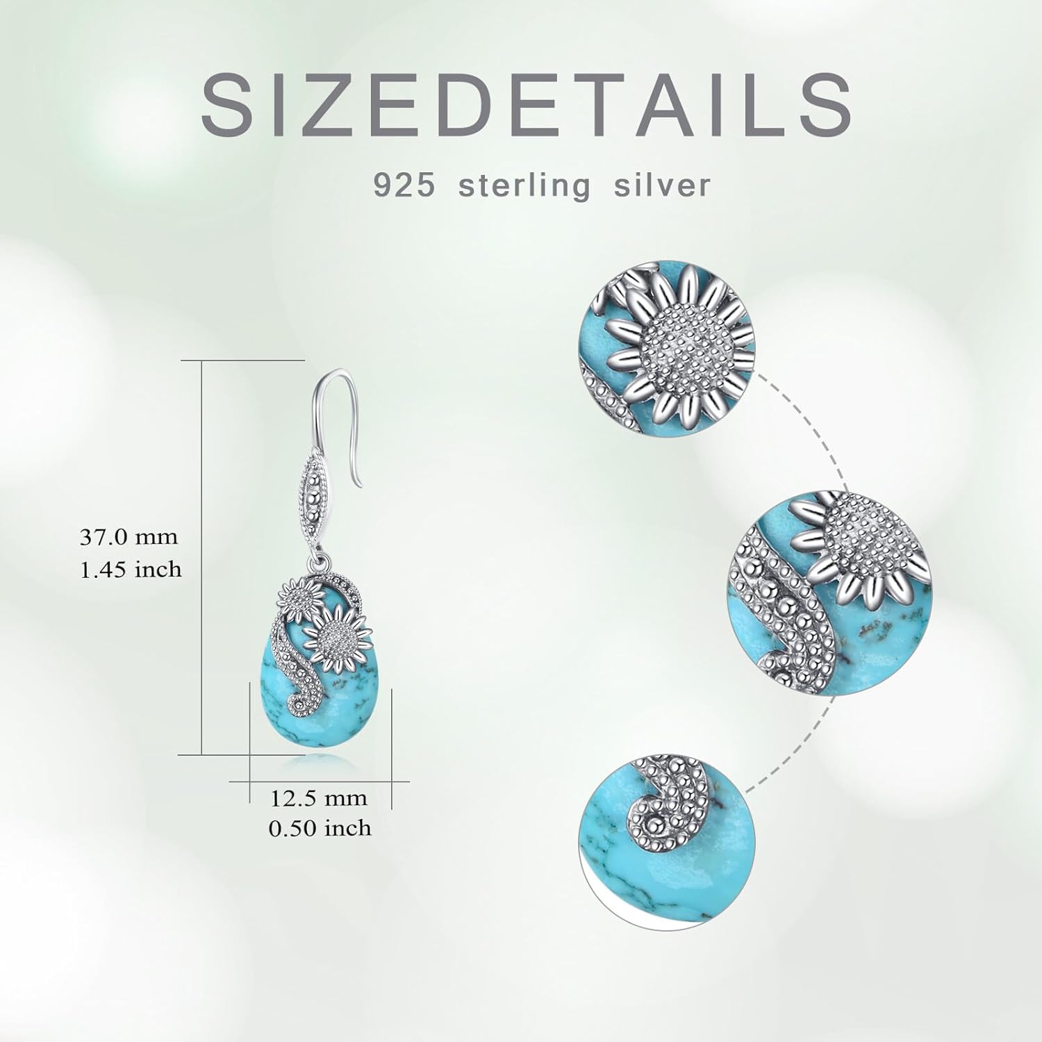 Natural Turquoise Earrings for Women 925 Sterling Silver Vintage Sunflower with Turquoise Drop Earrings - Image 6