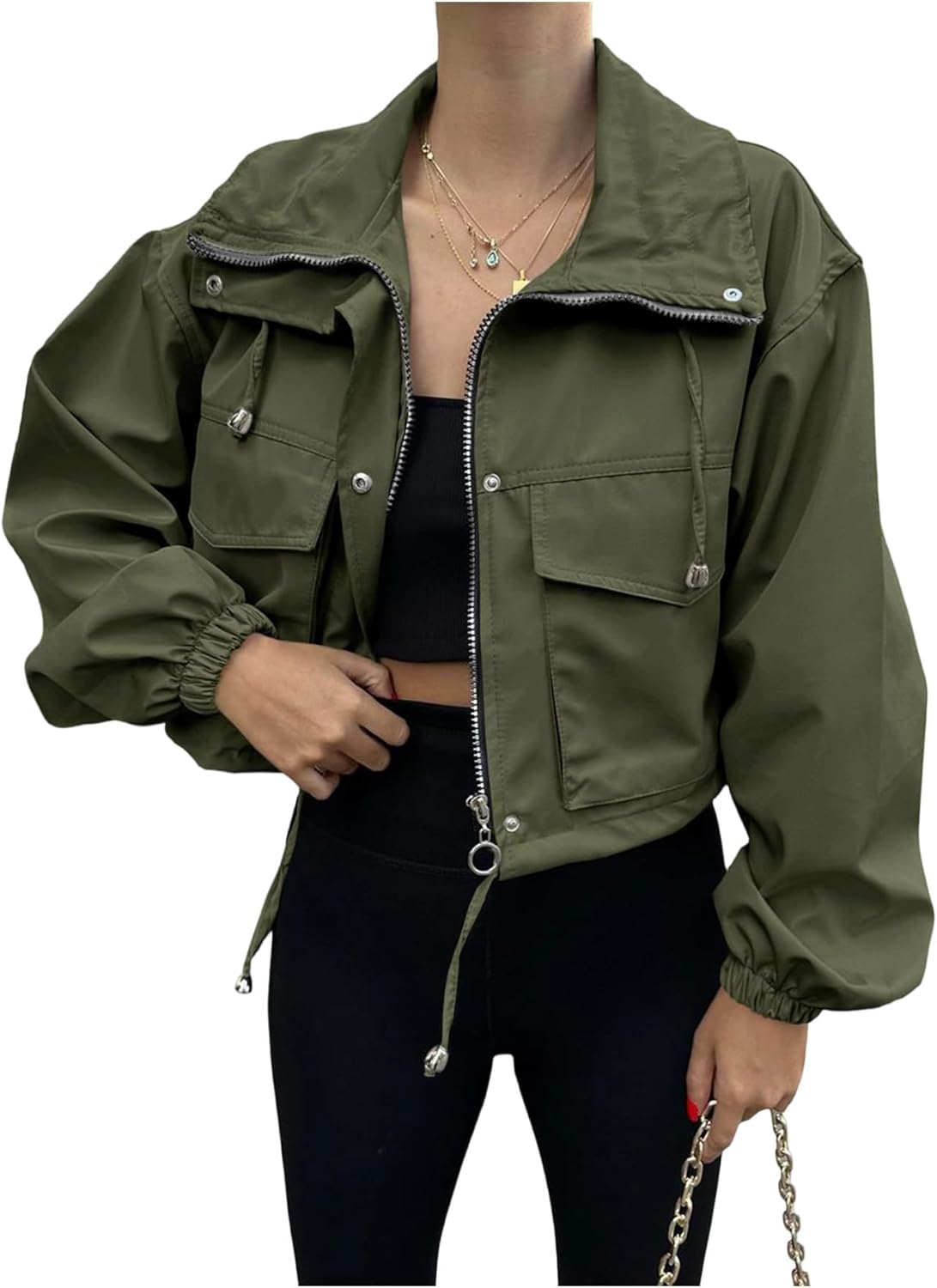 EFOFEI Women Casual Cropped Jackets Zip Up Lightweight Coats Military Short Utility Bomber Coat with Pockets