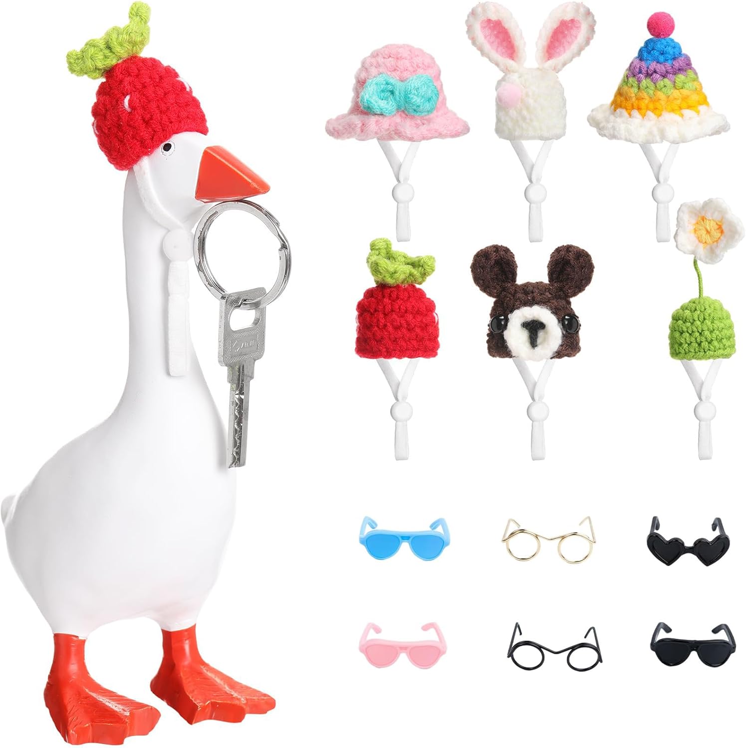 6 Pcs Mini Knitted Hats with 6 Sunglasses 7 Inch Goose Outfits （Excluding geese） Hat with Adjustable Strap for Desktop Goose