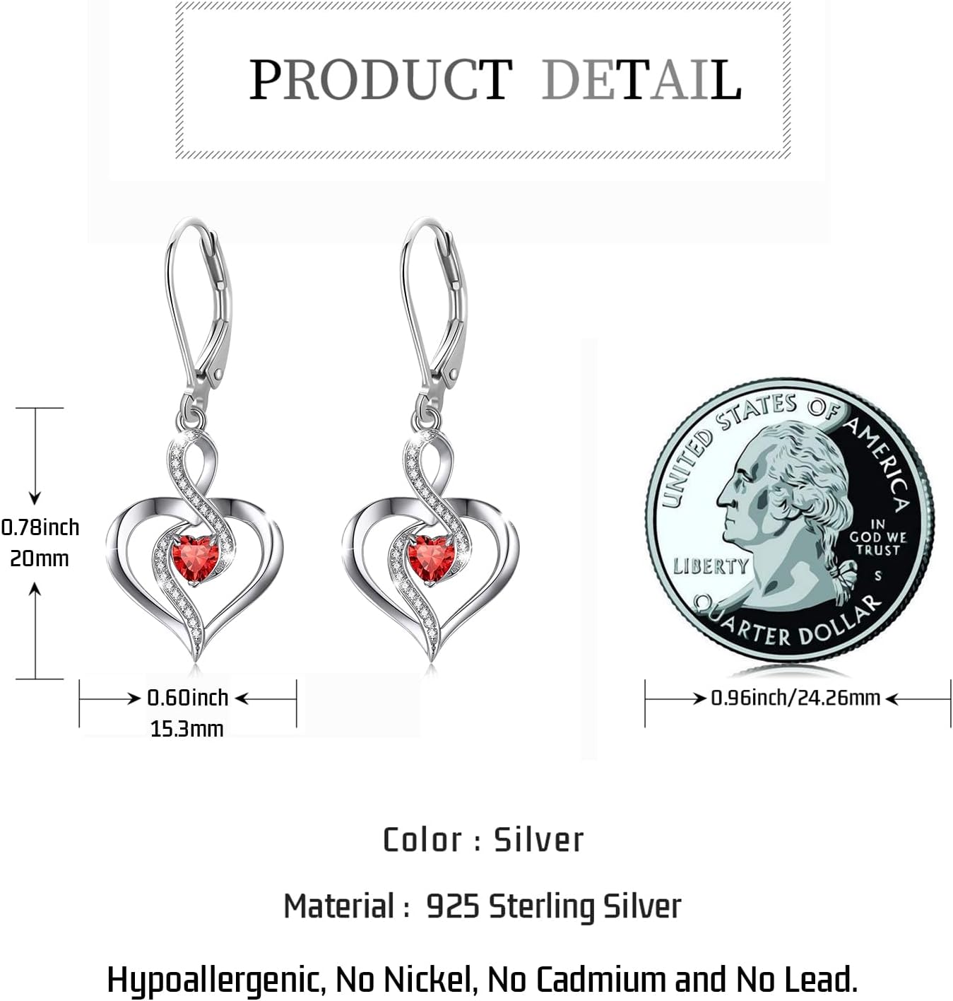 Birthstone Leverback Earrings 925 Sterling Silver Infinity Heart Dangle Drop Earrings Birthstone Jewelry Birthday Gifts for Women Mom - Image 4