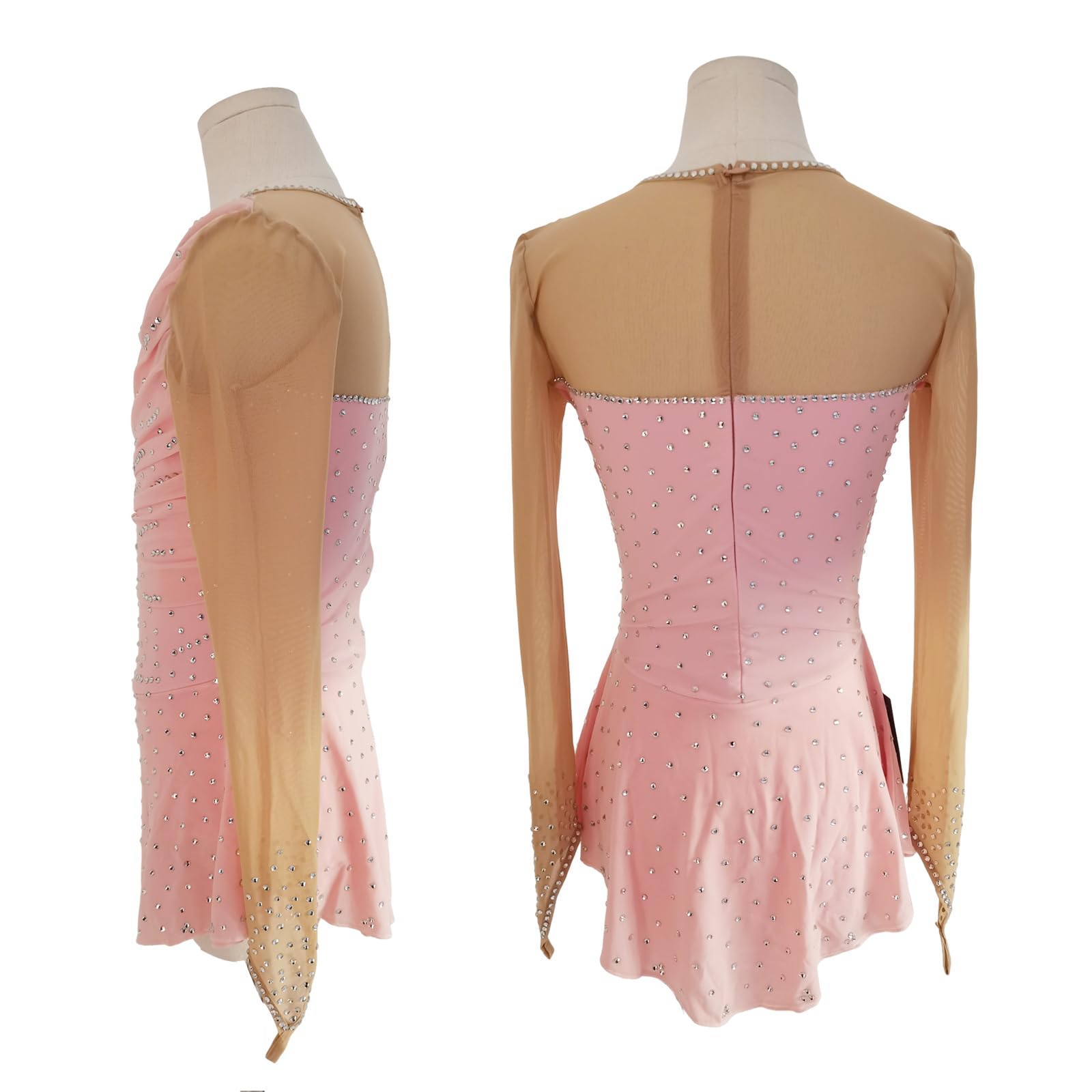 LIUHUO Ice Figure Skating Dress Girls' Long Sleeves Pink Competition Perform Womens Elegant Handmade Crystal