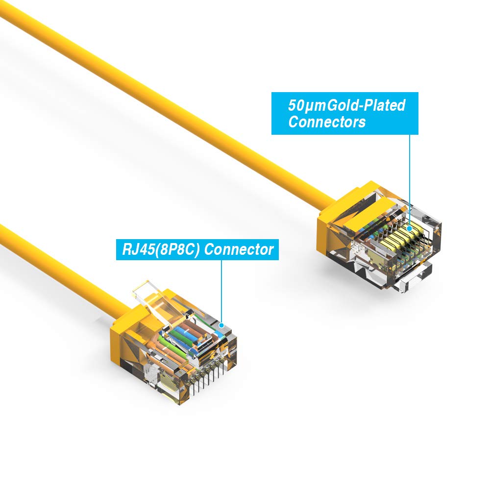 Ultra Slim Cat6A Cable 7 FT (100 Pack) Networking, Super Slim CAT 6 Ethernet Patch Cord, 10Gigabit Super Thin RJ45 Connector Internet Cable for PC, Mac, Laptop, PS5, PS4, Xbox - Yellow