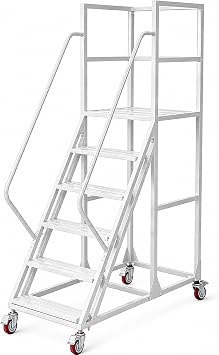6 Step Rolling Ladder with Handrails, 1100 lbs Capacity Heavy Duty Mobile Warehouse Ladder with Wheels, Industrial Steel Non-Slip Rolling Stairs with Large Platform, for Garage Stockroom Library