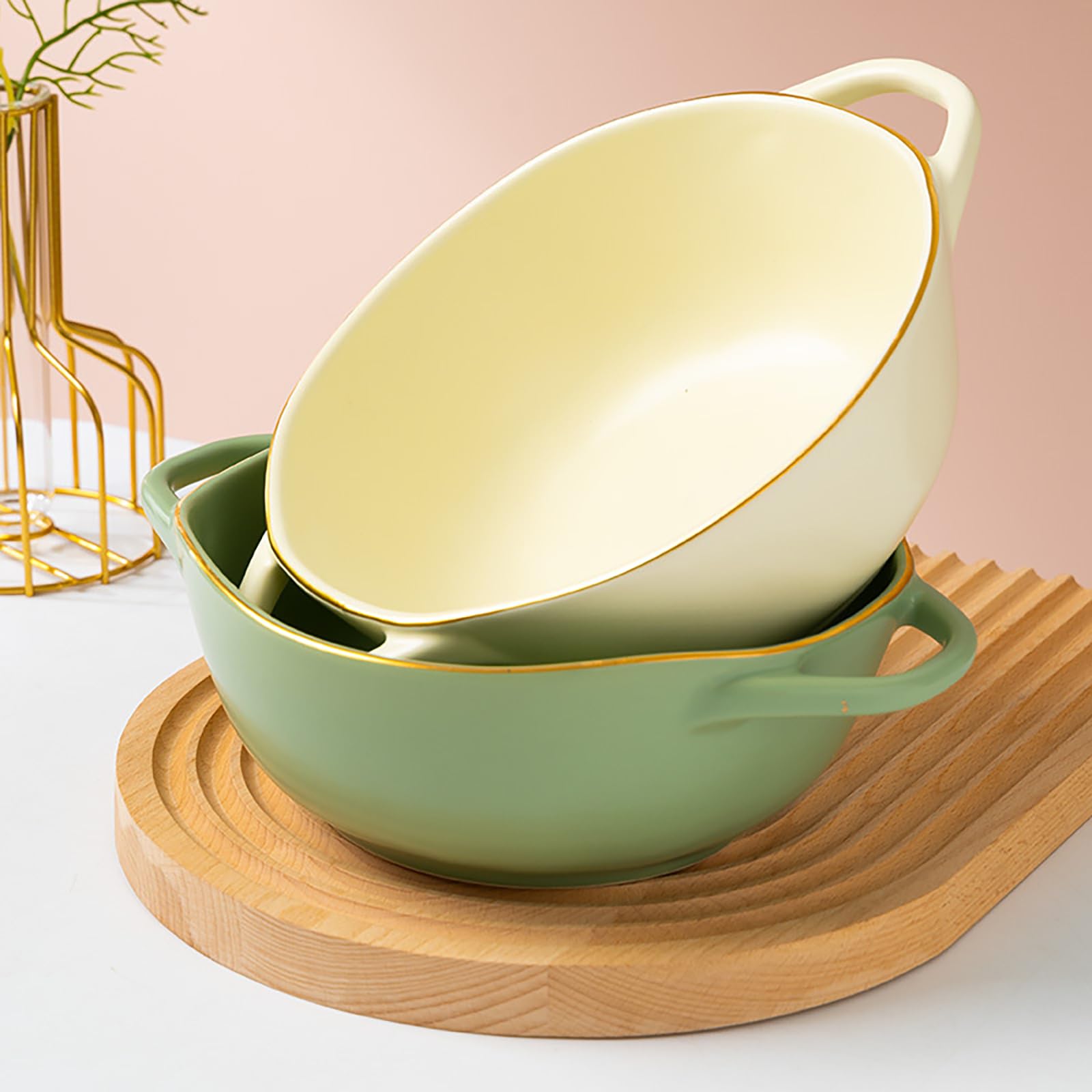 Cuencos de cerámica Coloridos de 10 Pulgadas, Cuencos de Sopa con Doble asa para Pasta, Ensalada, Cereales y Sopa. Apto para microondas y lavavajillas.,Verde
