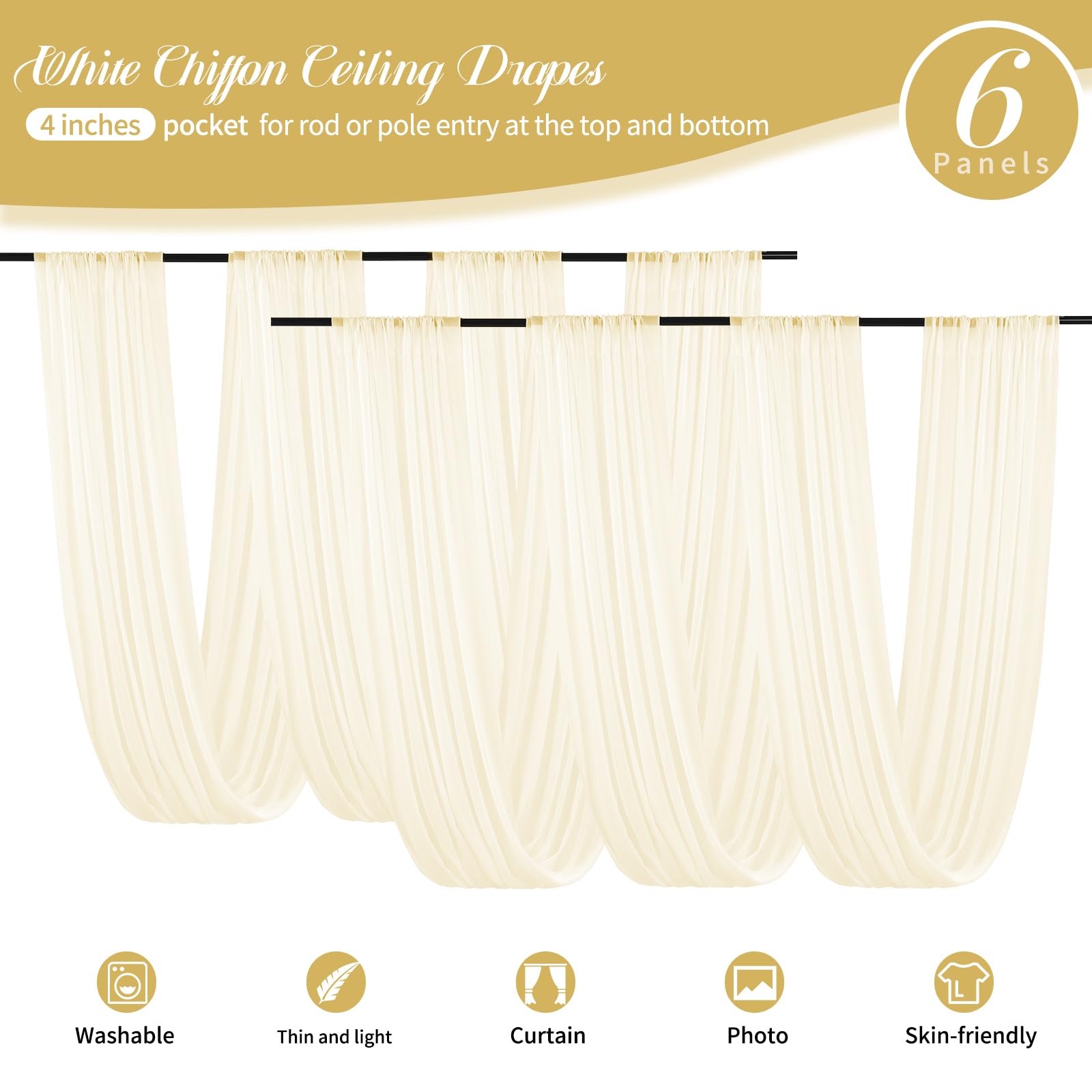 ABKLESACH 4 pannelli, tende da soffitto bianche per matrimoni, 1,5 x 6,1 m, ad arco nuziale, tende velate in chiffon, drappeggi, per cerimonie di nozze, ricevimenti, decorazioni