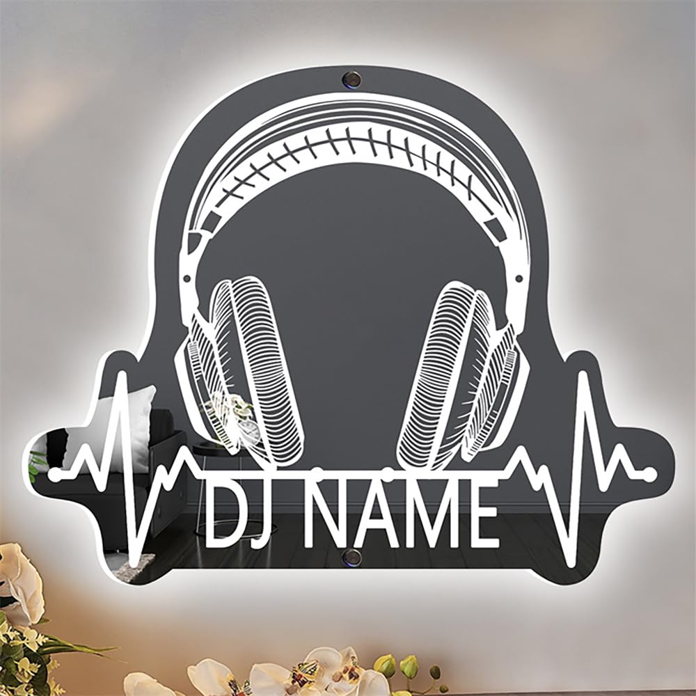 Miroir LED Personnalisé DJ Casque – Nom Gravé + Lumière Néon, Déco Murale Music Lover